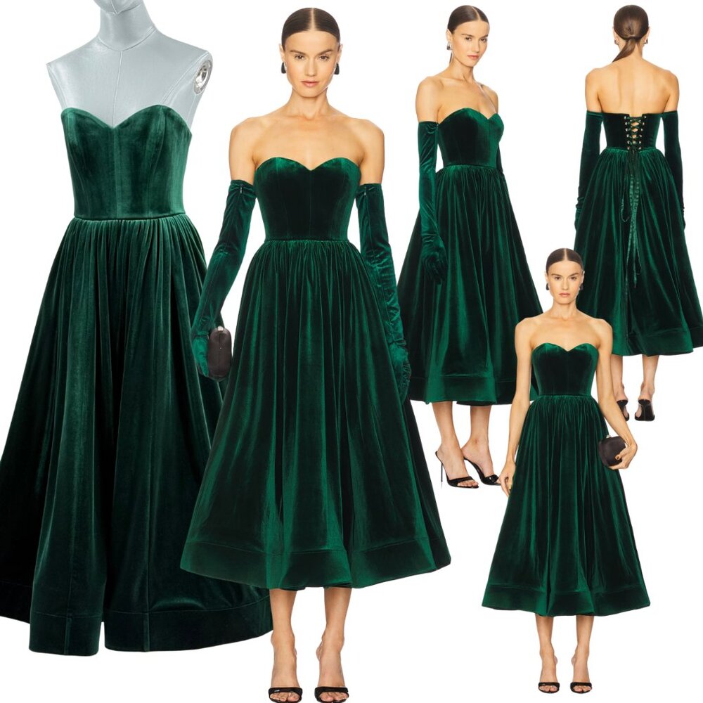 🆕 BRONX & BANCO 🧿 NWOT Inara Green Velvet Midi Dress with Gloves, Sz M US 6